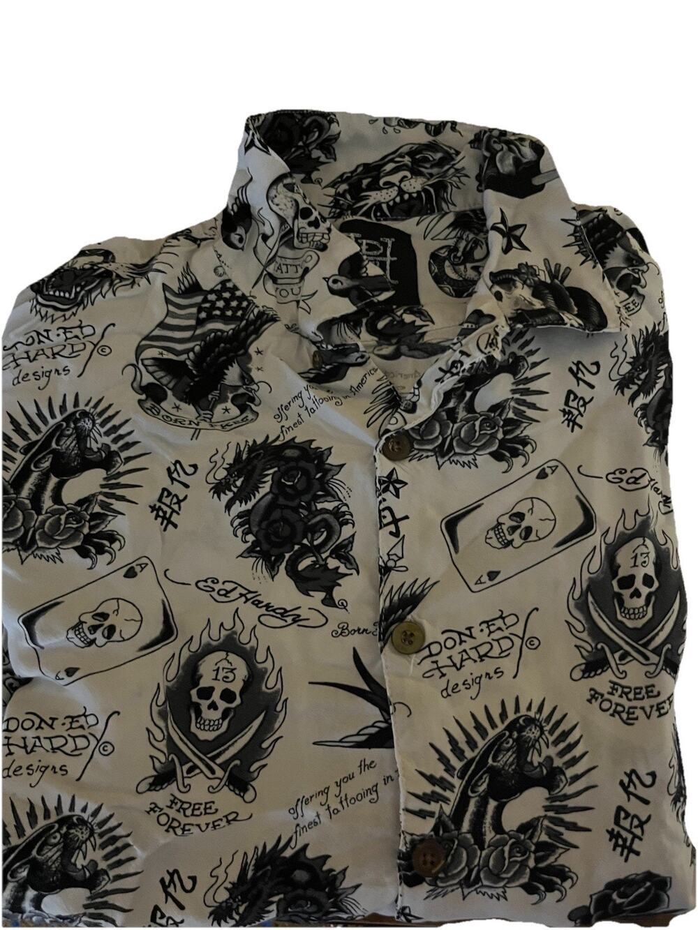 DON ED HARDY Men Shirt Short Sleeve Tattoo Artwork White/Gray Size Medium Men’s